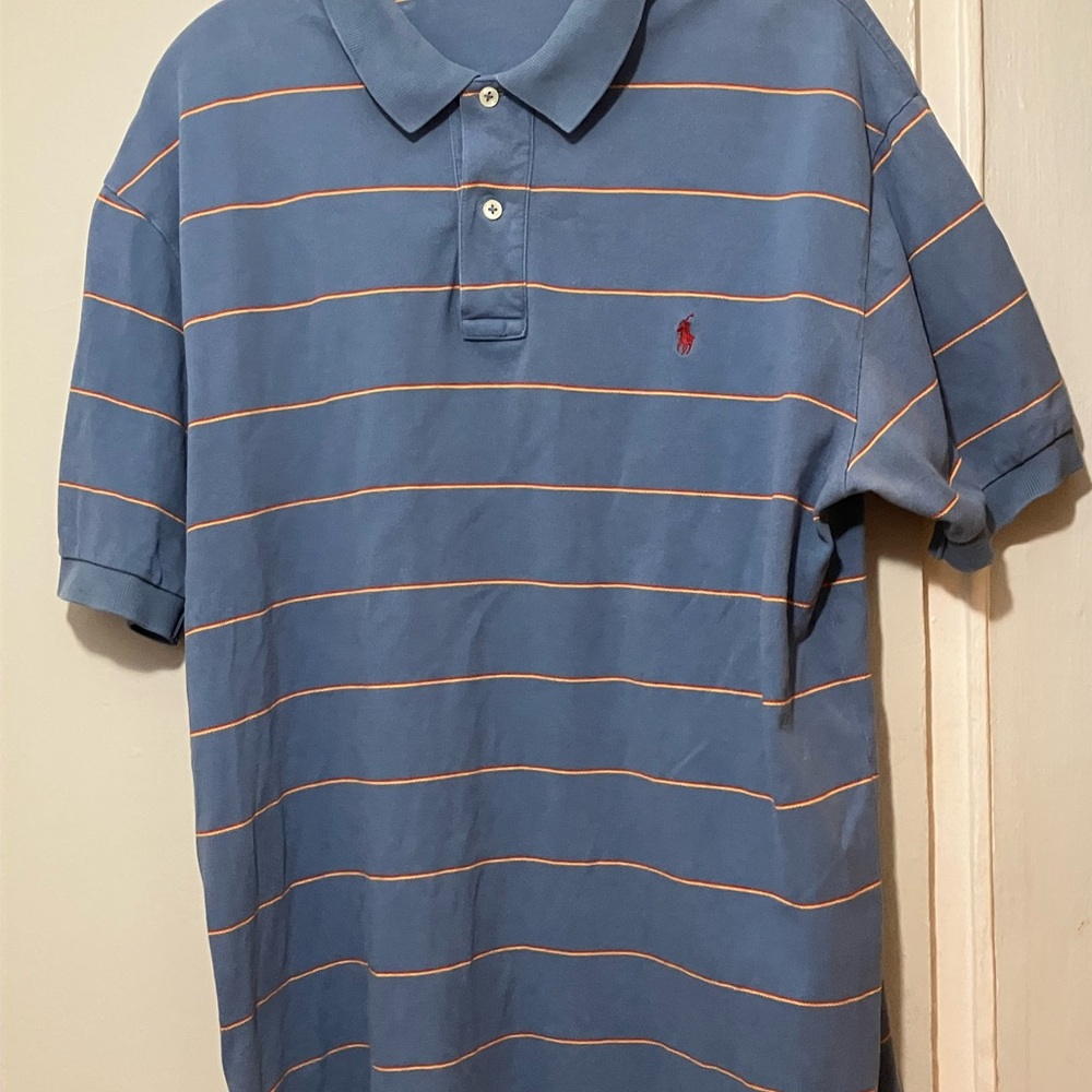 Polo by Ralph Lauren Men's Blue and Orange Striped Polo